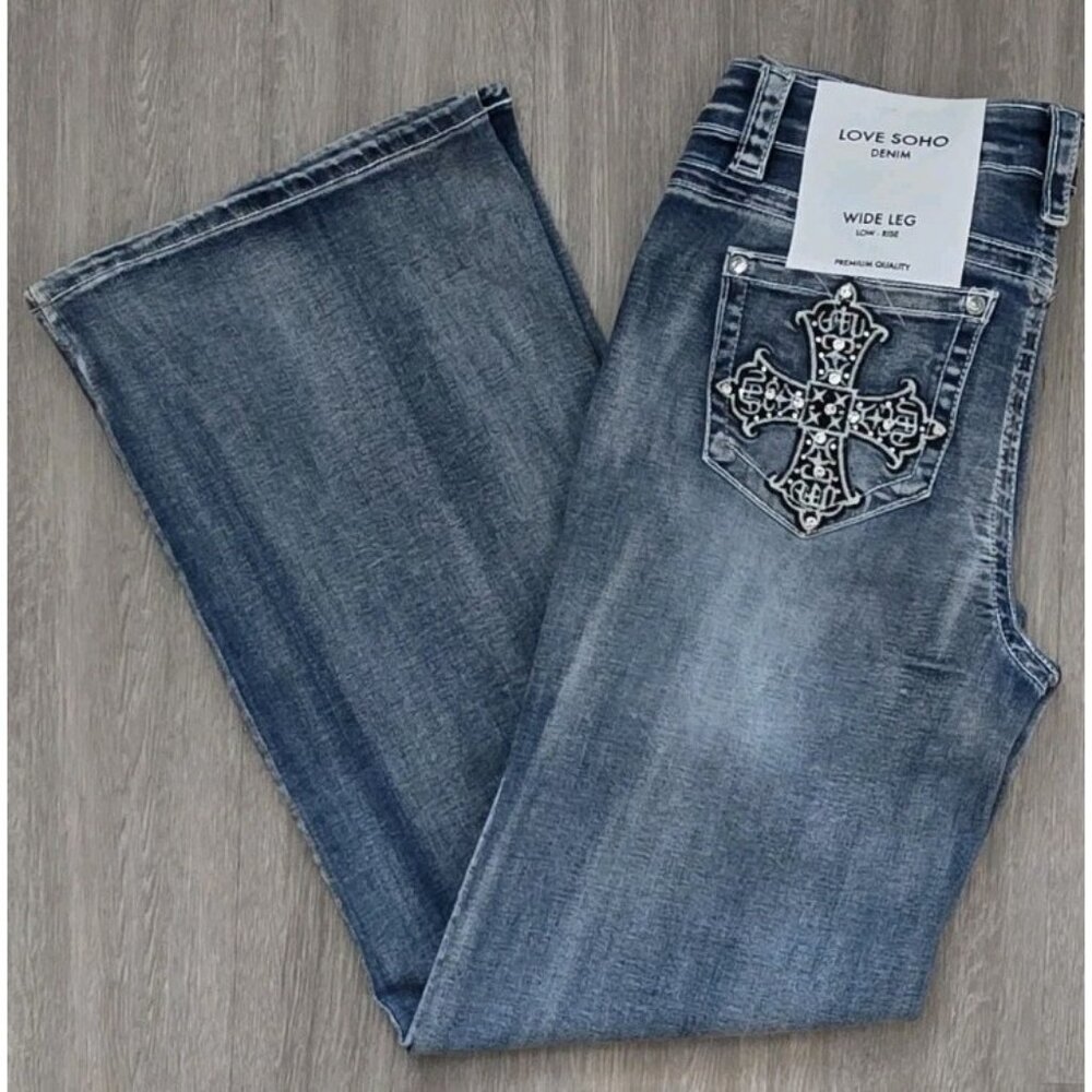 Love Soho Denim Women’s Jeans Size 15 Wide Leg Low Rise Embroidered - Picture 9 of 14